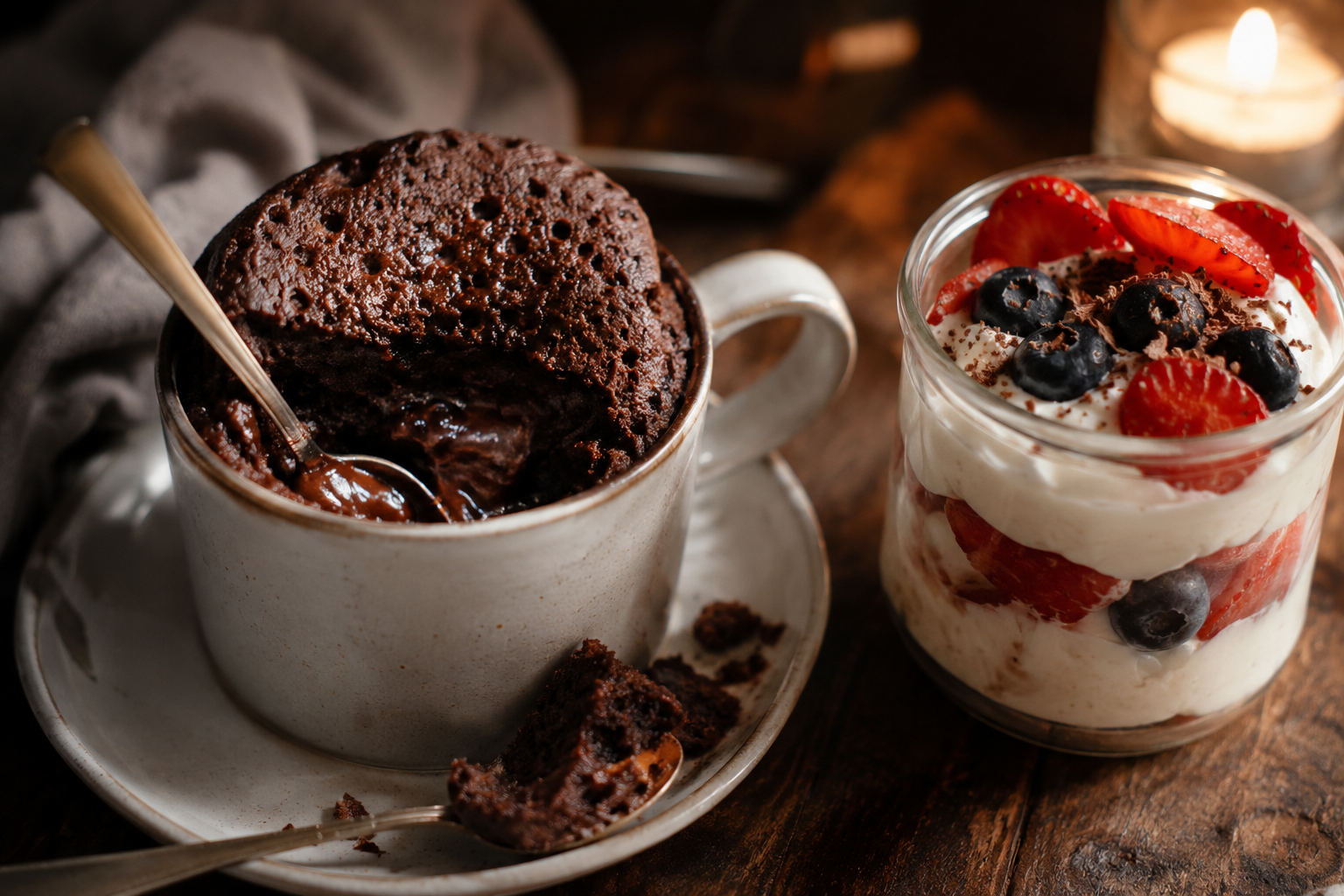 No-bake easy dessert recipes like chocolate mug cake and fruit cream desserts