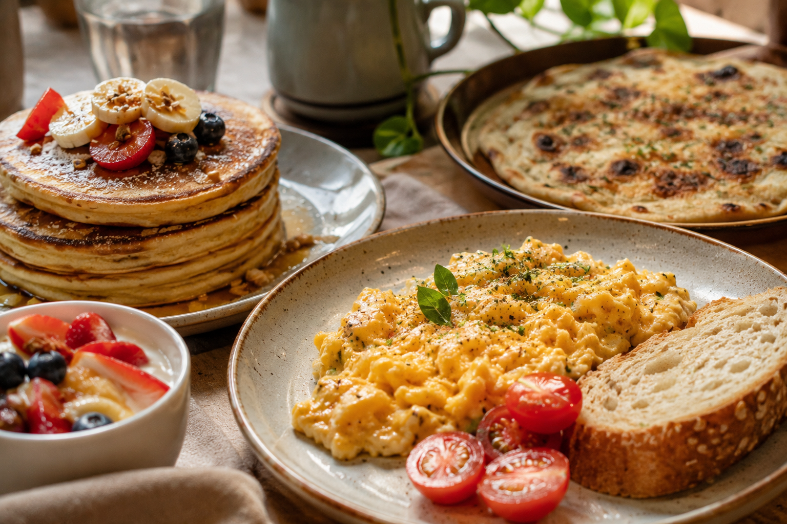 Easy warm dishes like eggs and pancakes for weekend brunch for two