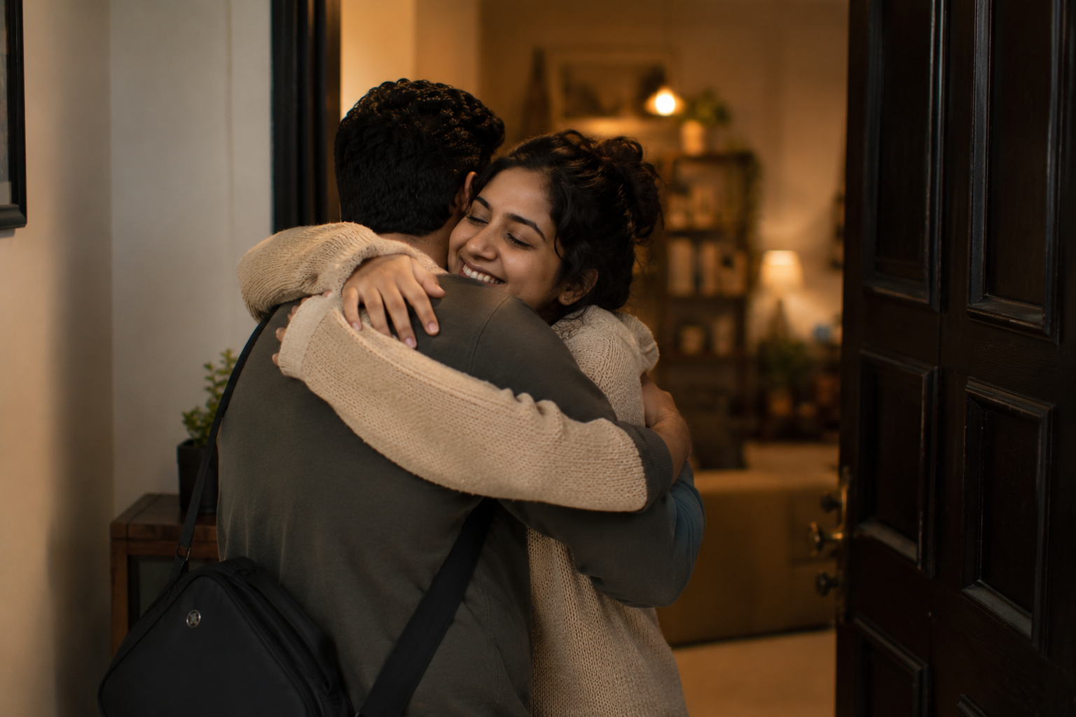 A couple hugging warmly at the door as one comes home