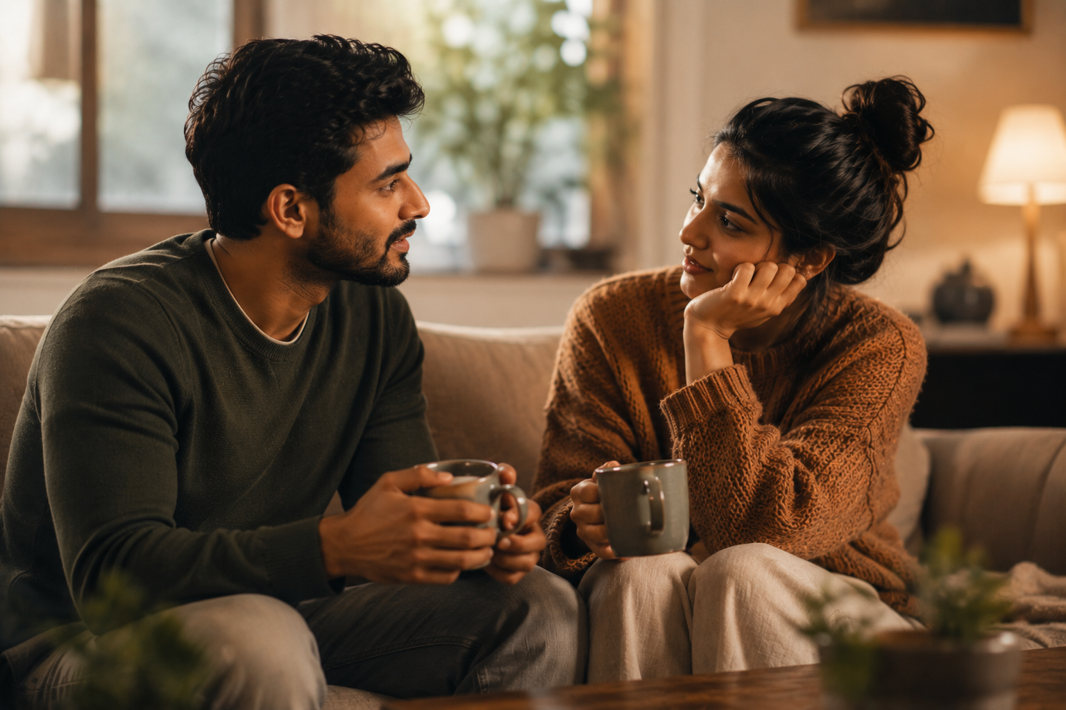 A couple having a thoughtful heartfelt conversation over tea