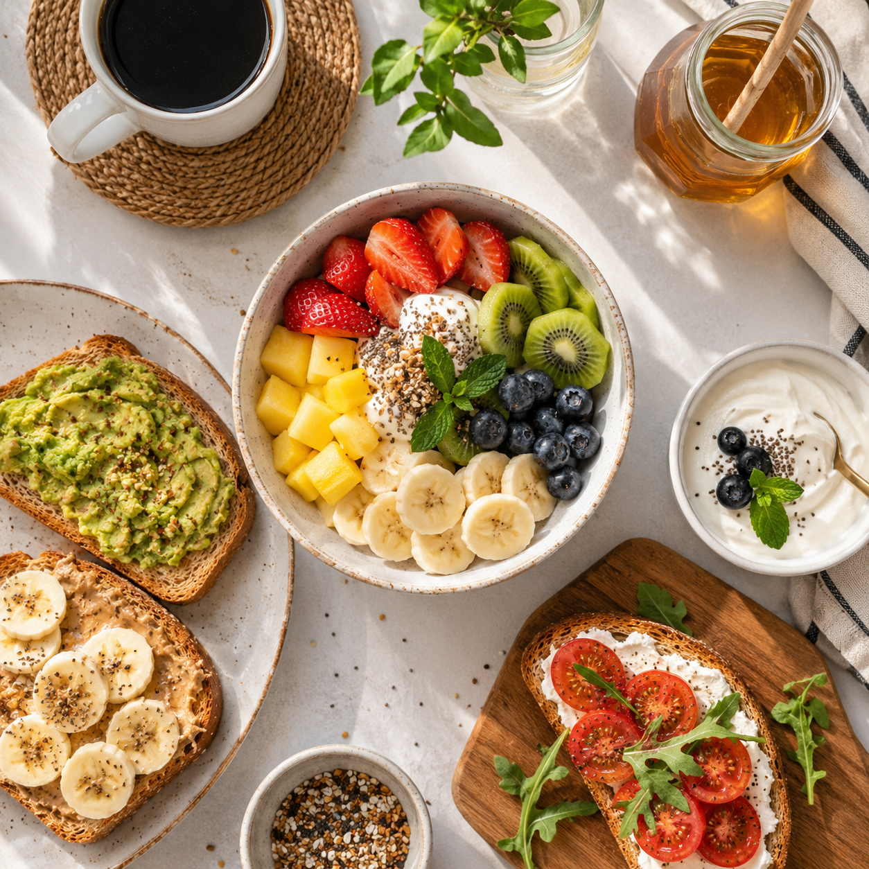 Fresh and light additions like fruit bowl and toast for weekend brunch for two