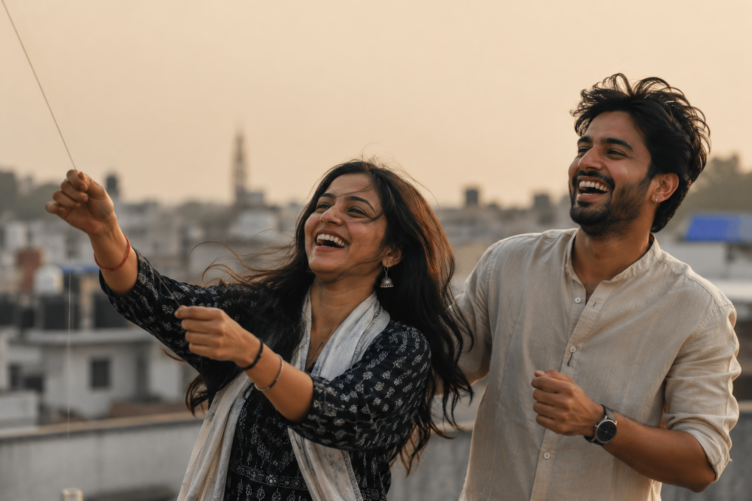 A couple laughing and playing joyfully outdoors