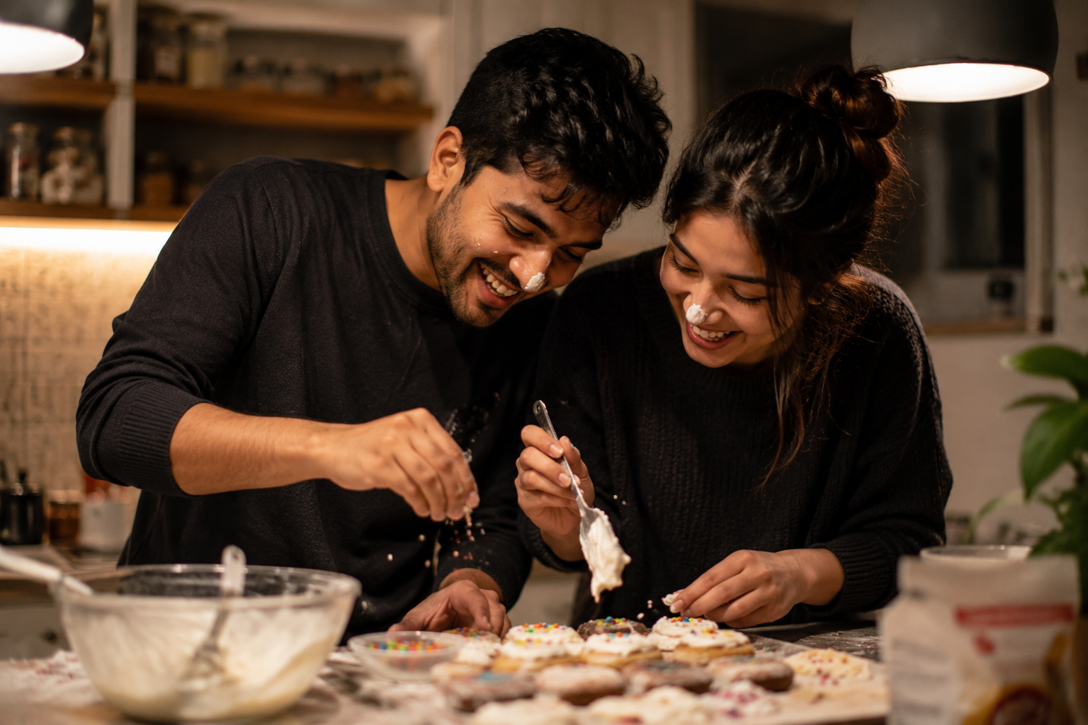 Couple decorating cookies and cupcakes together with easy dessert recipes