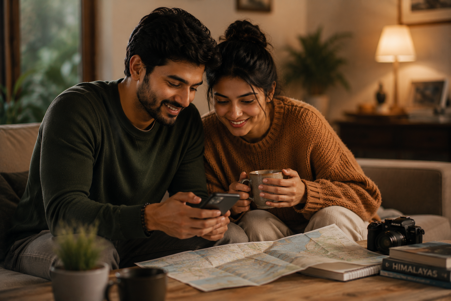 A couple planning a trip over tea, looking at a phone or map
