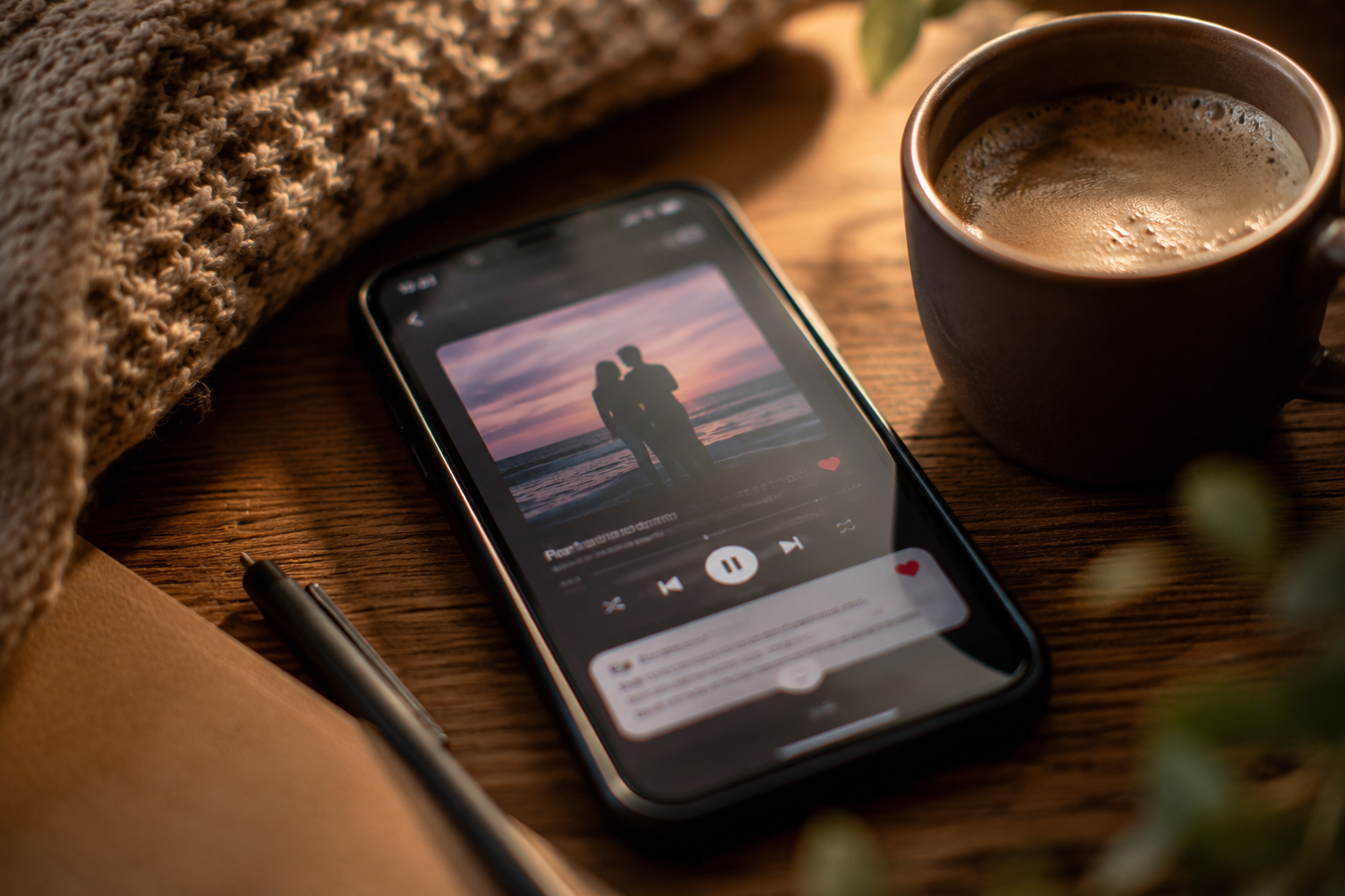 A phone showing a saved song and a small coffee beside it