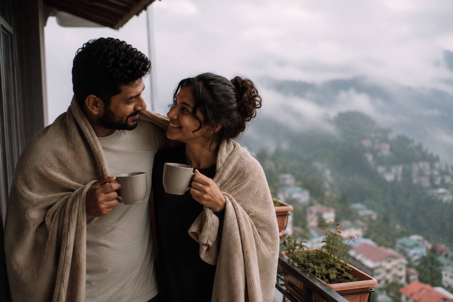 A couple wrapped in a blanket with tea, misty Darjeeling hills behind