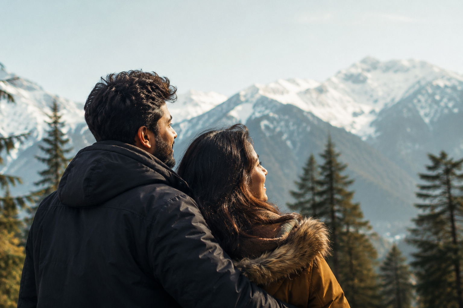 A couple standing close together looking at snowy mountain peaks in Manali
