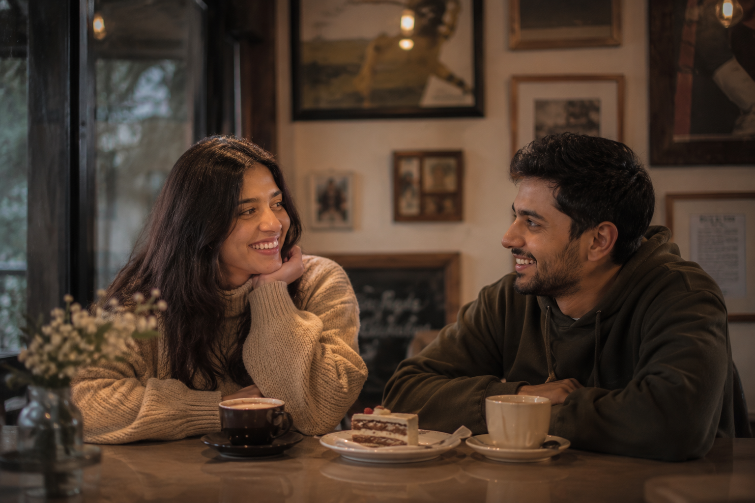 A couple sharing a cosy cafe date across a small warmly lit table