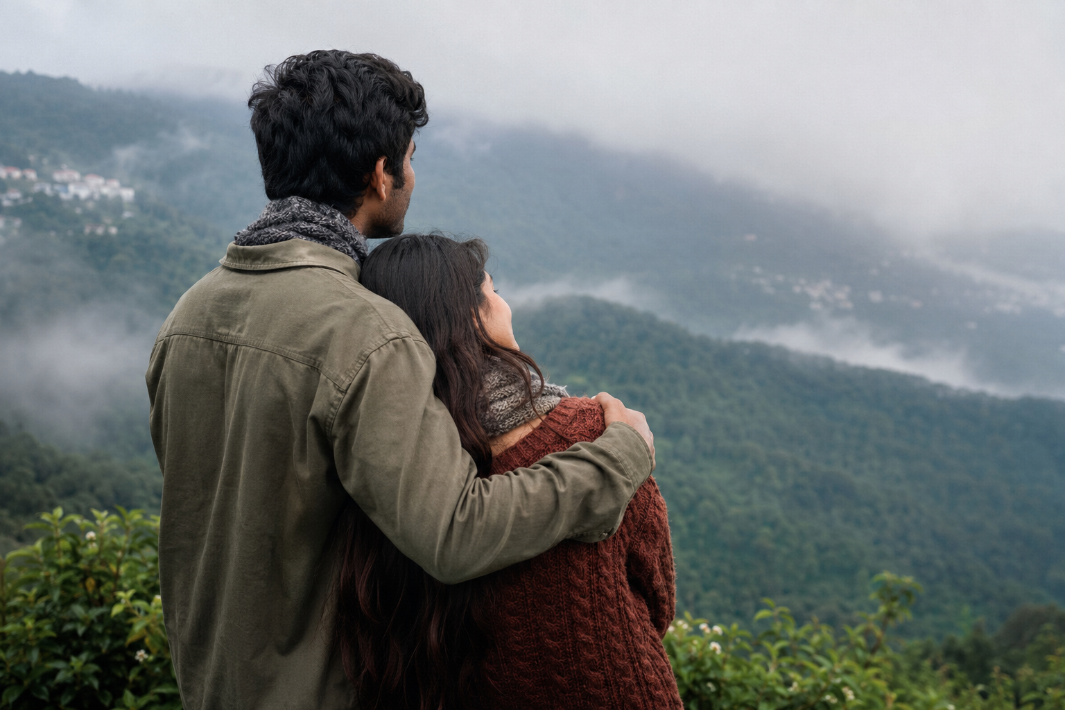 A couple standing close together on a misty quiet hillside looking at green mountains