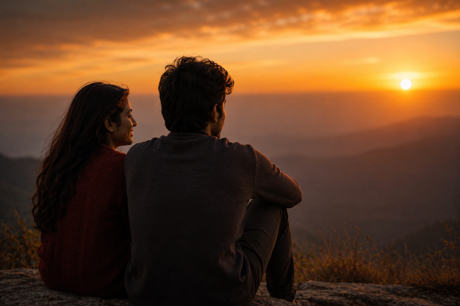 A couple sitting close together watching a golden sunset over an open horizon