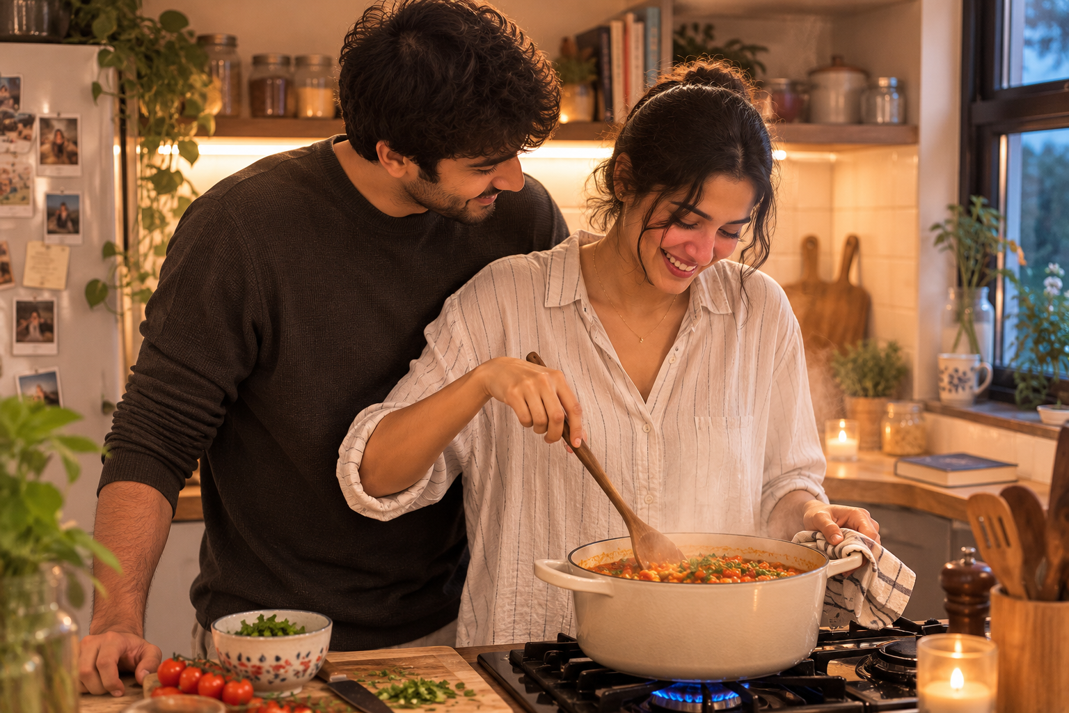 A couple cooking a one-pot dinner together in a cosy home kitchen