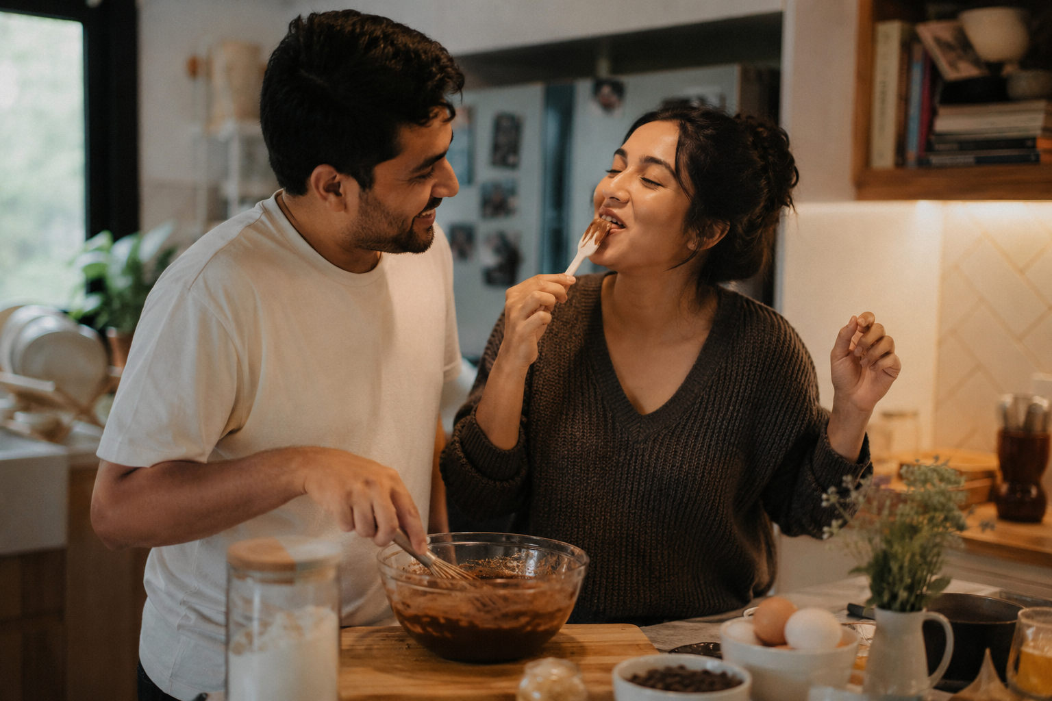 Couple making easy dessert recipes to make together in a warm cosy kitchen