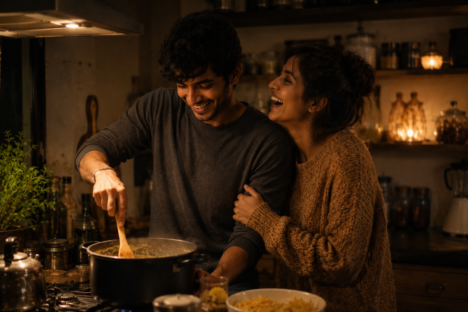 Couple cooking comfort foods that taste better when you cook them together in a warm kitchen