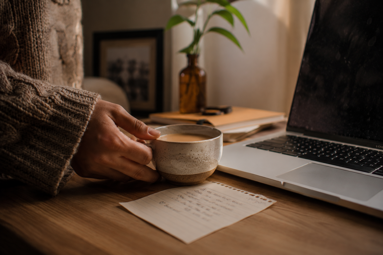 A hand placing tea and a small note on a desk beside a laptop