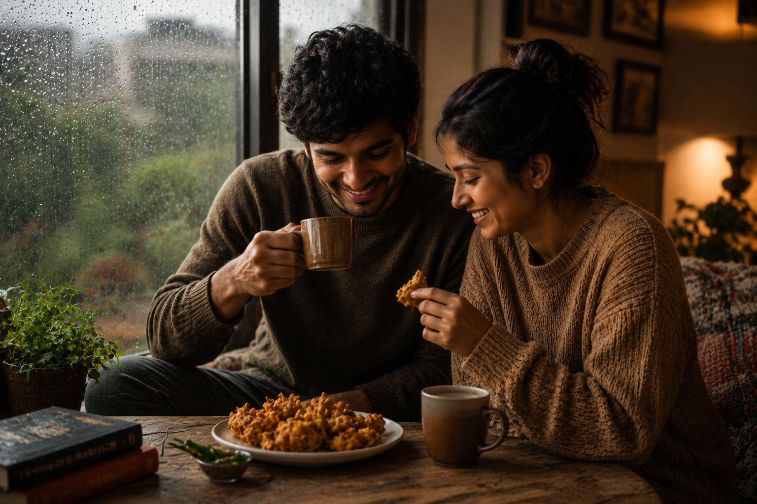 Couple enjoying simple monsoon snacks to enjoy as a couple by the window with chai