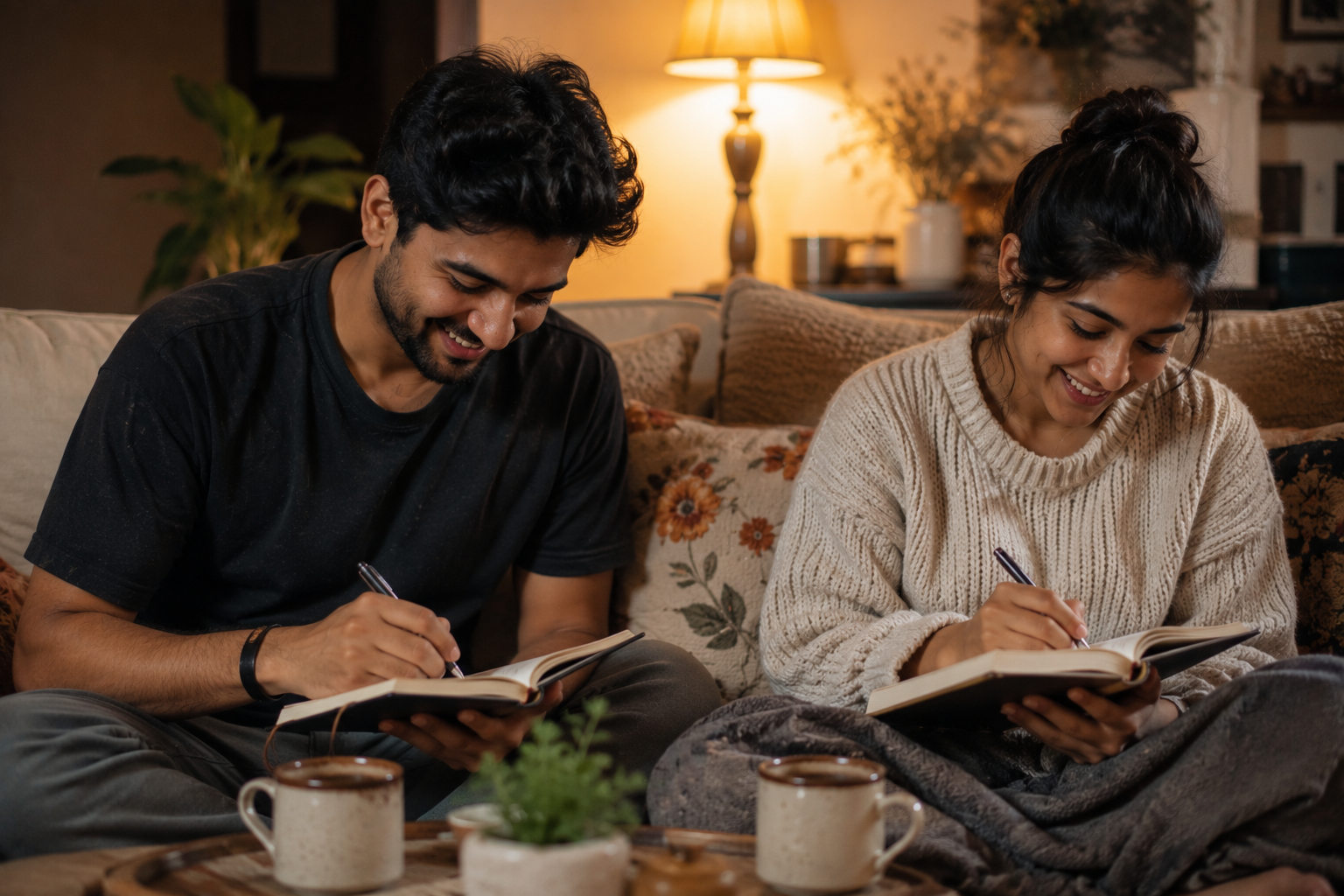 Couple writing gratitude prompts to write together as a couple
