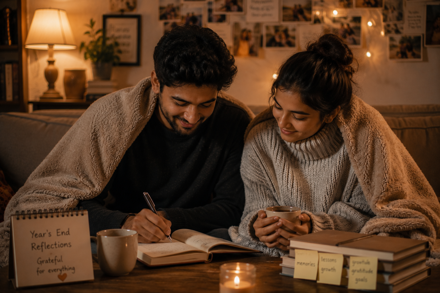 Couple doing end-of-year journal questions for couples together