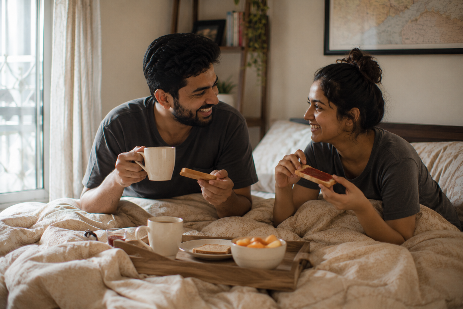 A couple enjoying breakfast in bed together with a tray of tea, toast and fruit