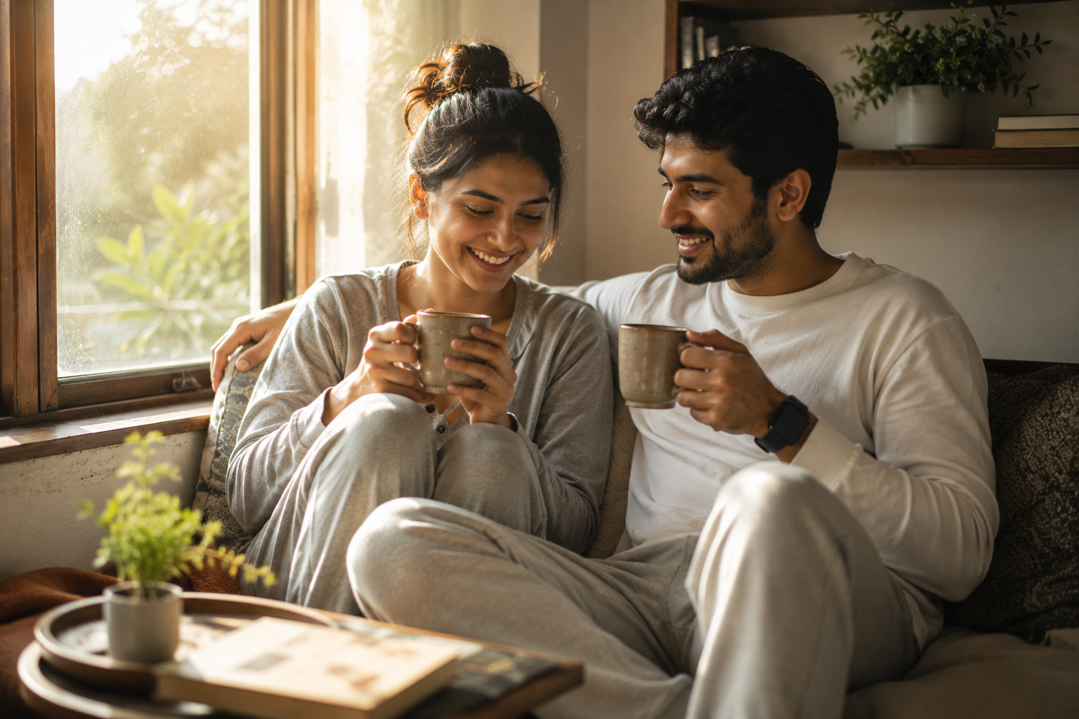 A couple enjoying a calm slow morning with tea by a sunlit window