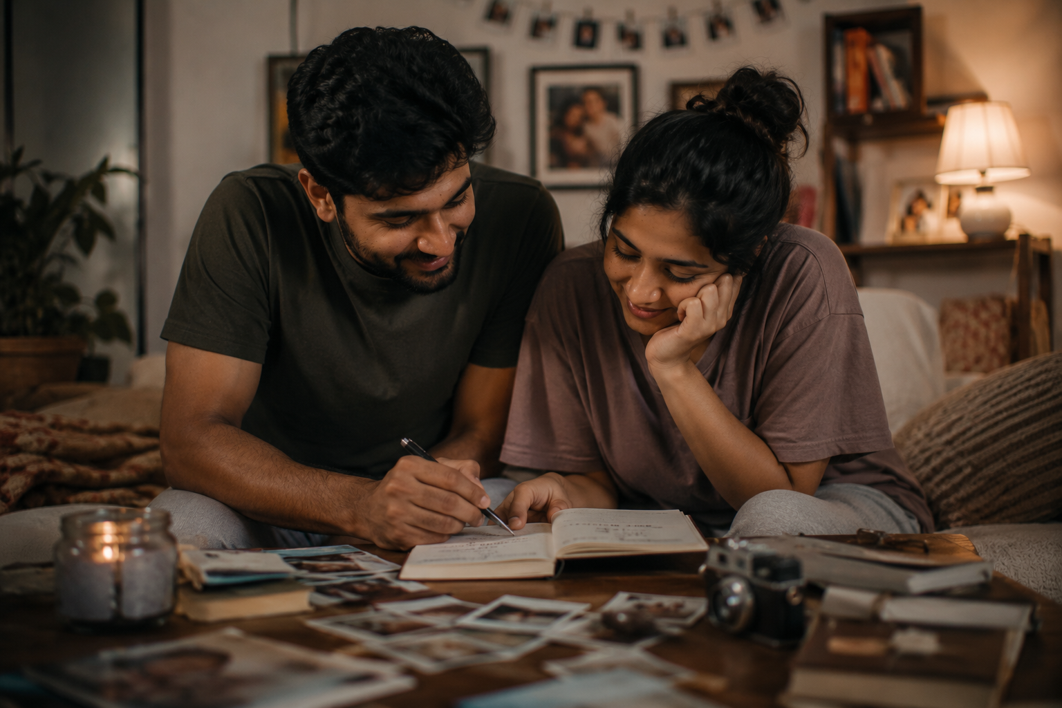 A couple writing in a shared relationship journal together with old photos and mementos around
