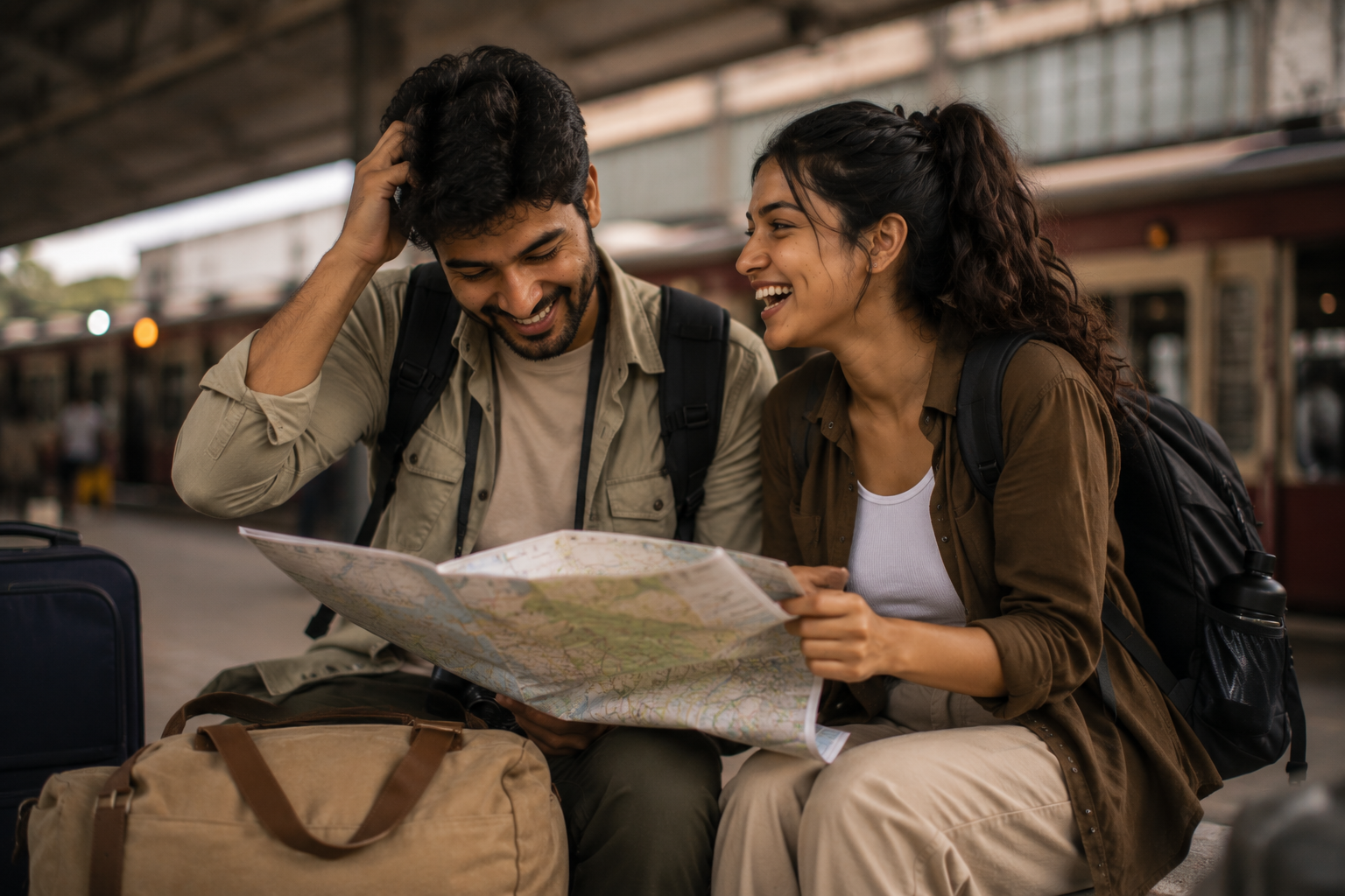 A couple laughing together while waiting at a station or checking a map