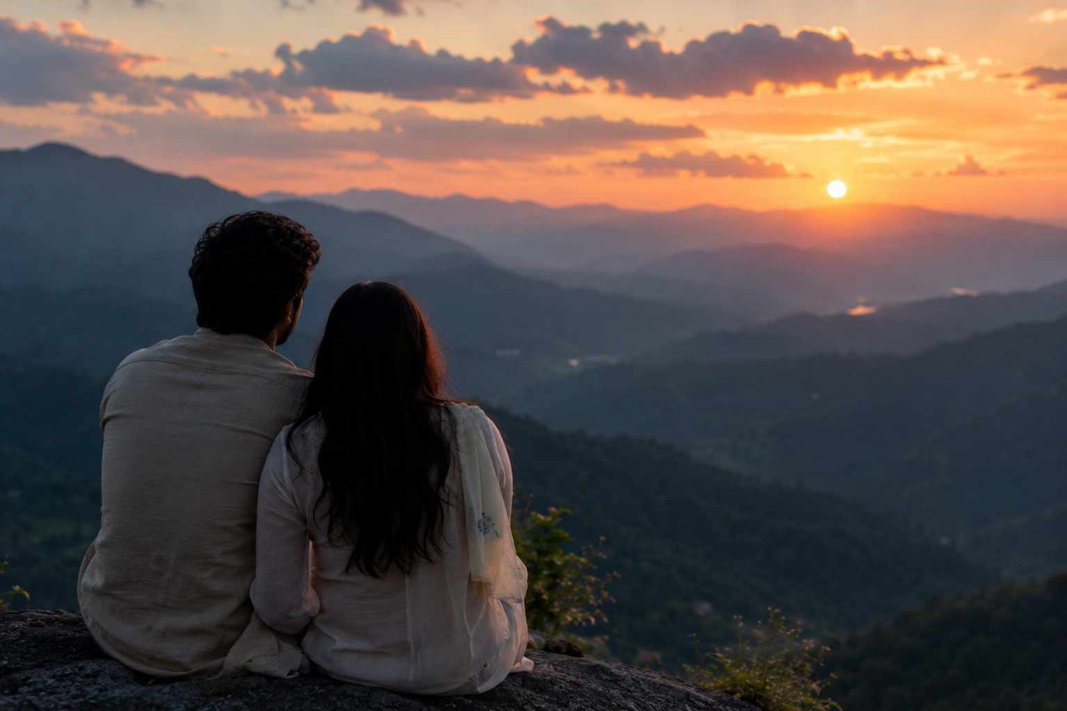 A couple watching the sun set behind distant hills from a scenic viewpoint