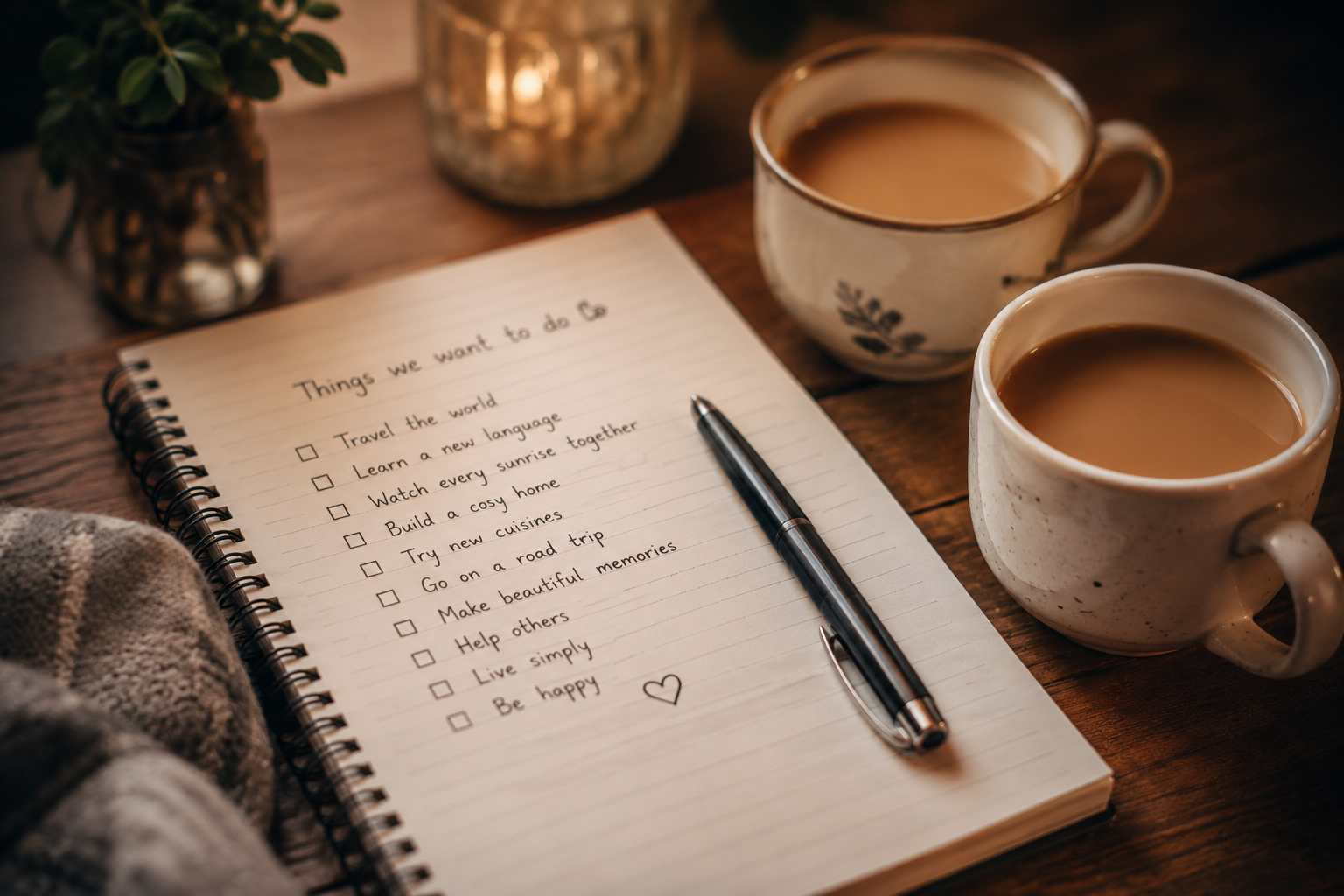 An open notebook with a handwritten list, a pen and two cups of chai