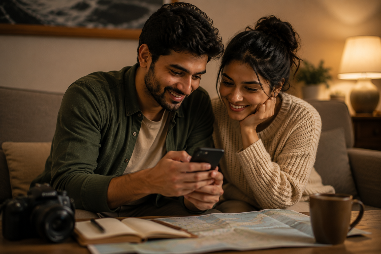 A couple looking through travel photos on a phone together after their trip