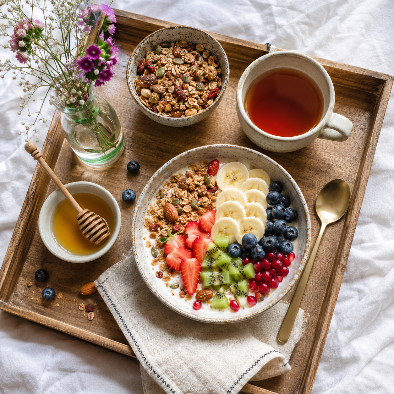 A pretty breakfast tray with a fruit and yogurt bowl, granola and tea