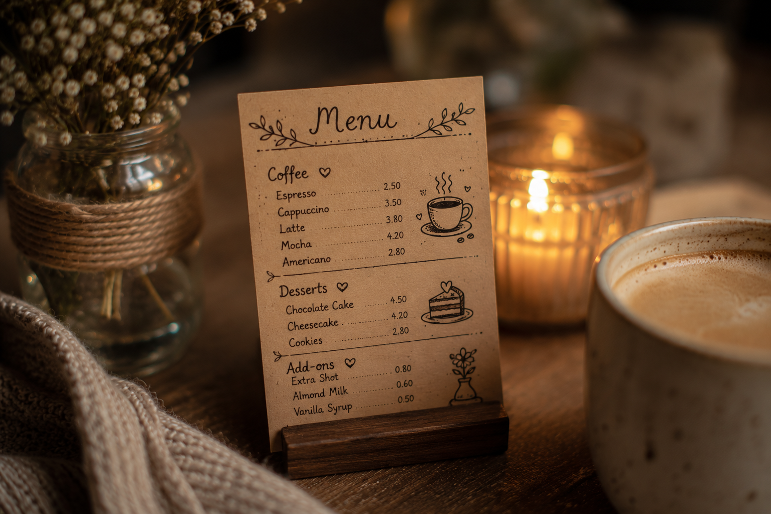 A cute tiny handwritten cafe menu card beside a coffee mug and a candle