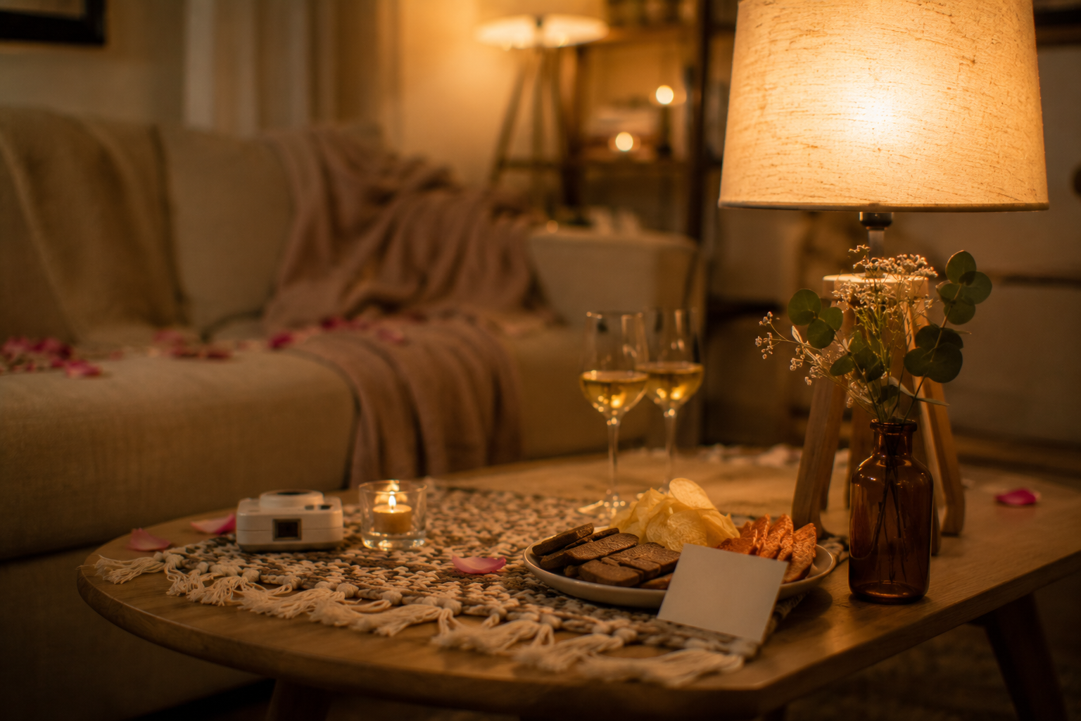 A cosy surprise at-home date setup with a note tucked beside a snack