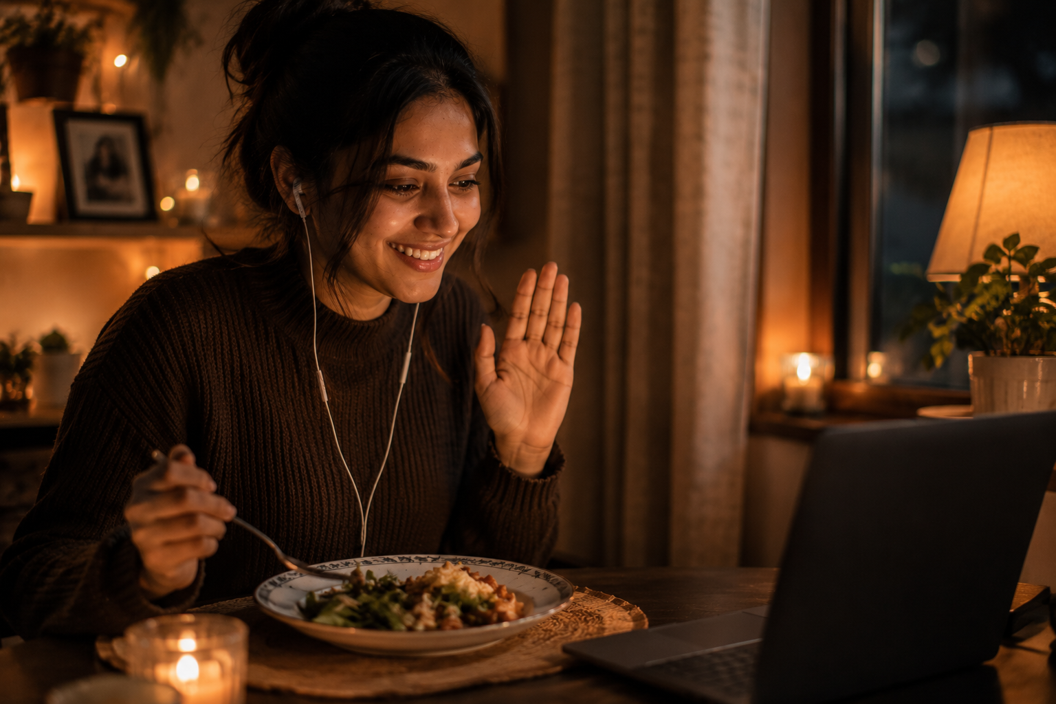 A young woman having a cosy virtual dinner date on a laptop
