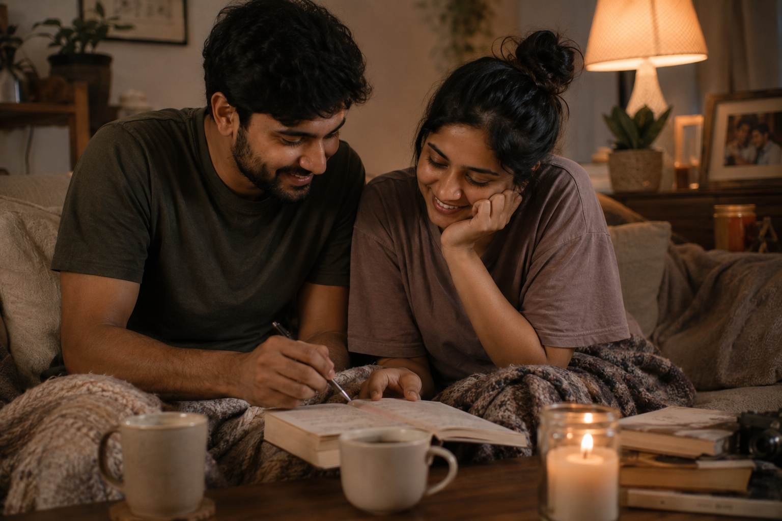 A couple journaling with tea by soft evening lamp light