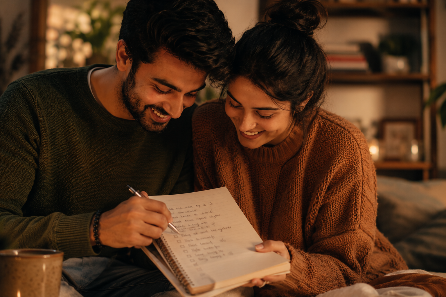 A couple happily ticking an item off a list in a notebook