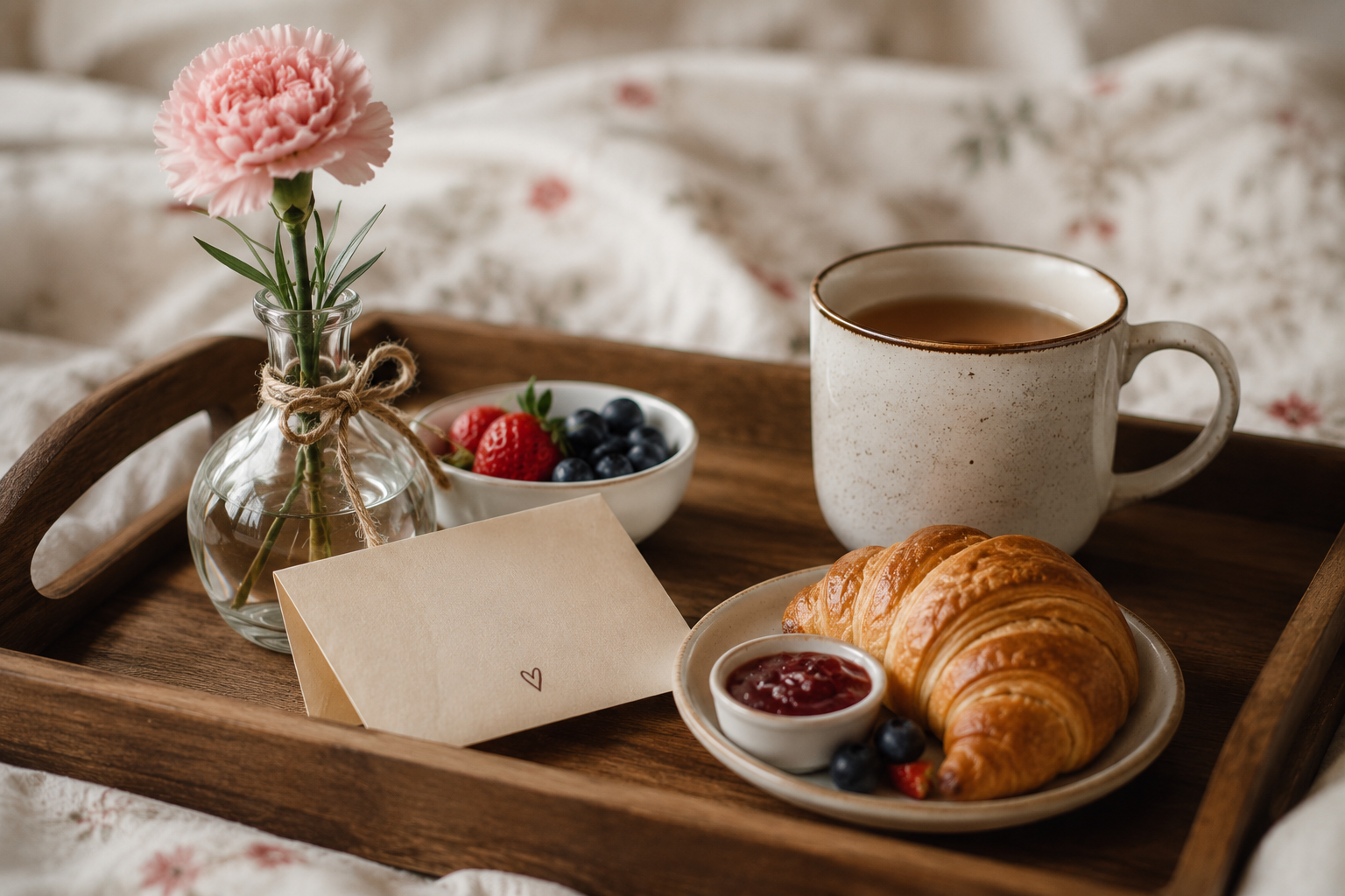 A neat breakfast tray with a small single flower and a folded handwritten note