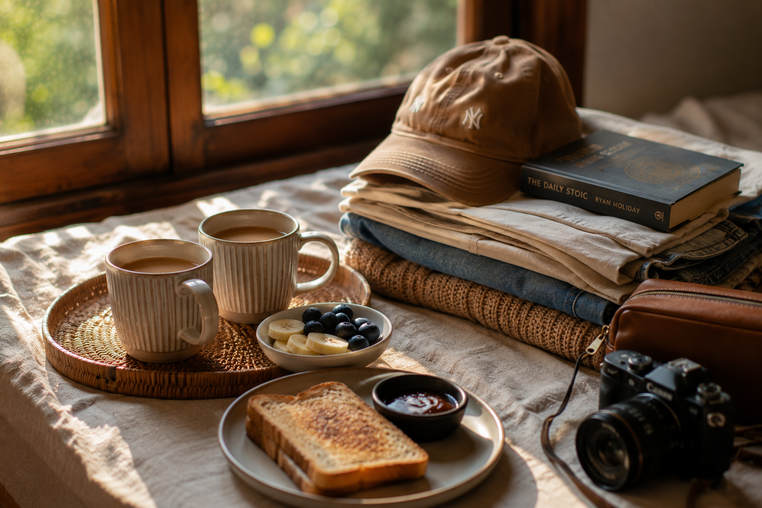 A tidy morning setup with two mugs, breakfast and folded clothes ready