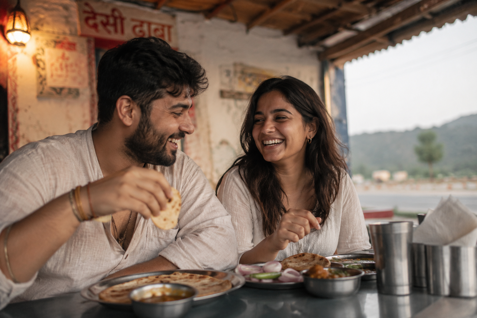 A couple eating at a simple roadside dhaba during a road trip