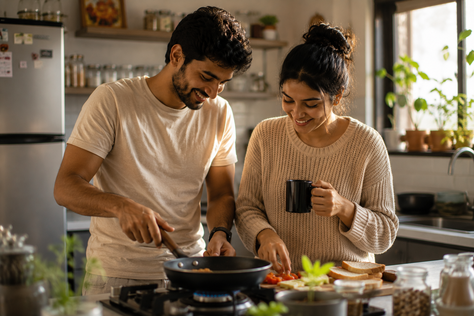 A couple making breakfast together in a bright morning kitchen