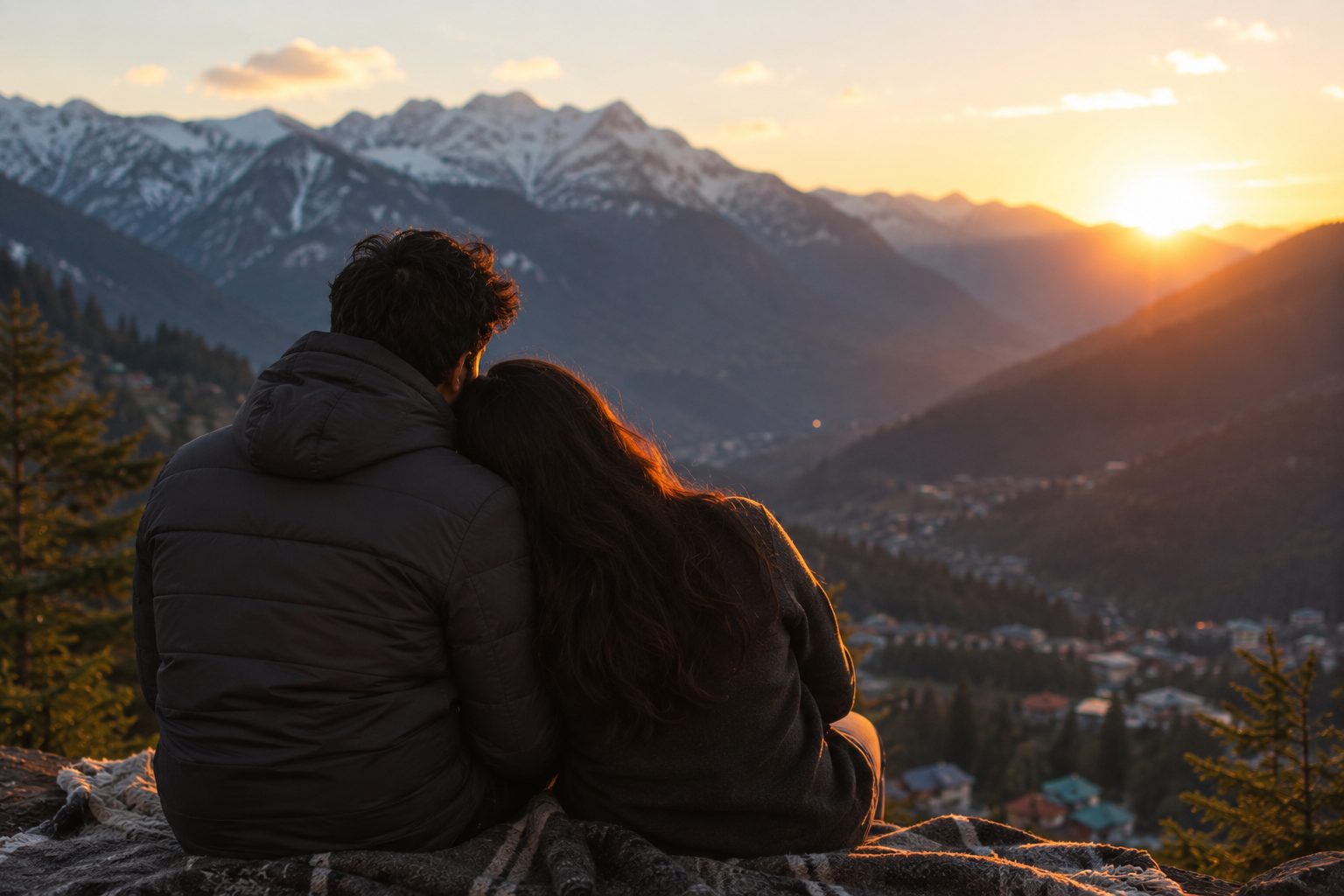 A couple watching a golden sunset over snowy mountain peaks in Manali