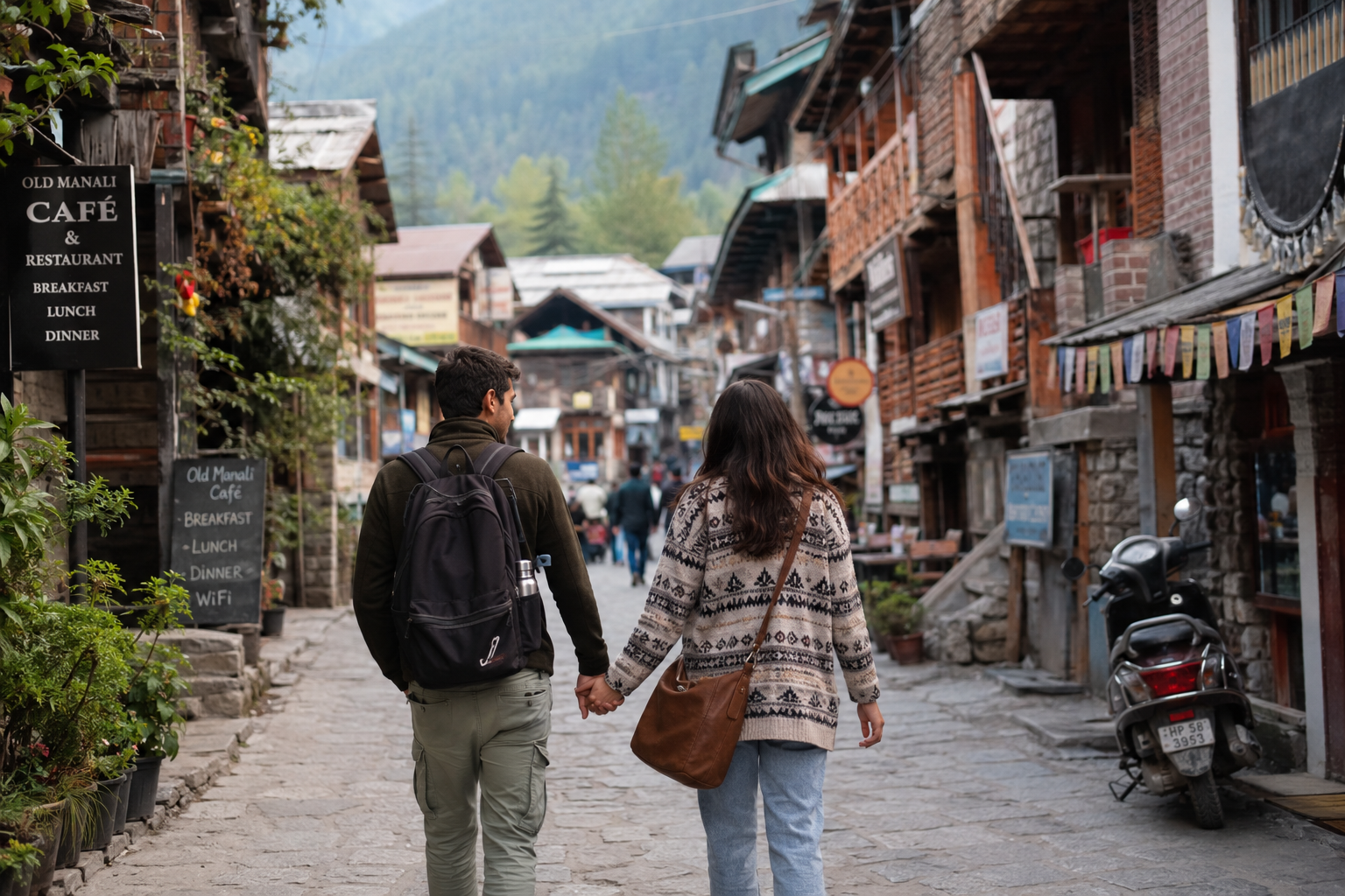 A couple walking hand in hand through the charming lanes of Old Manali