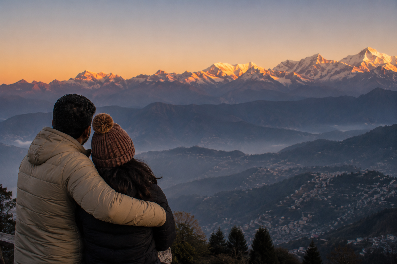 A couple bundled in warm clothes watching a golden sunrise over the peaks
