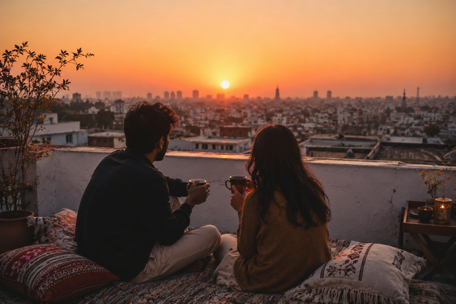 A couple on a rooftop terrace with cushions and chai watching the sunset over a city skyline
