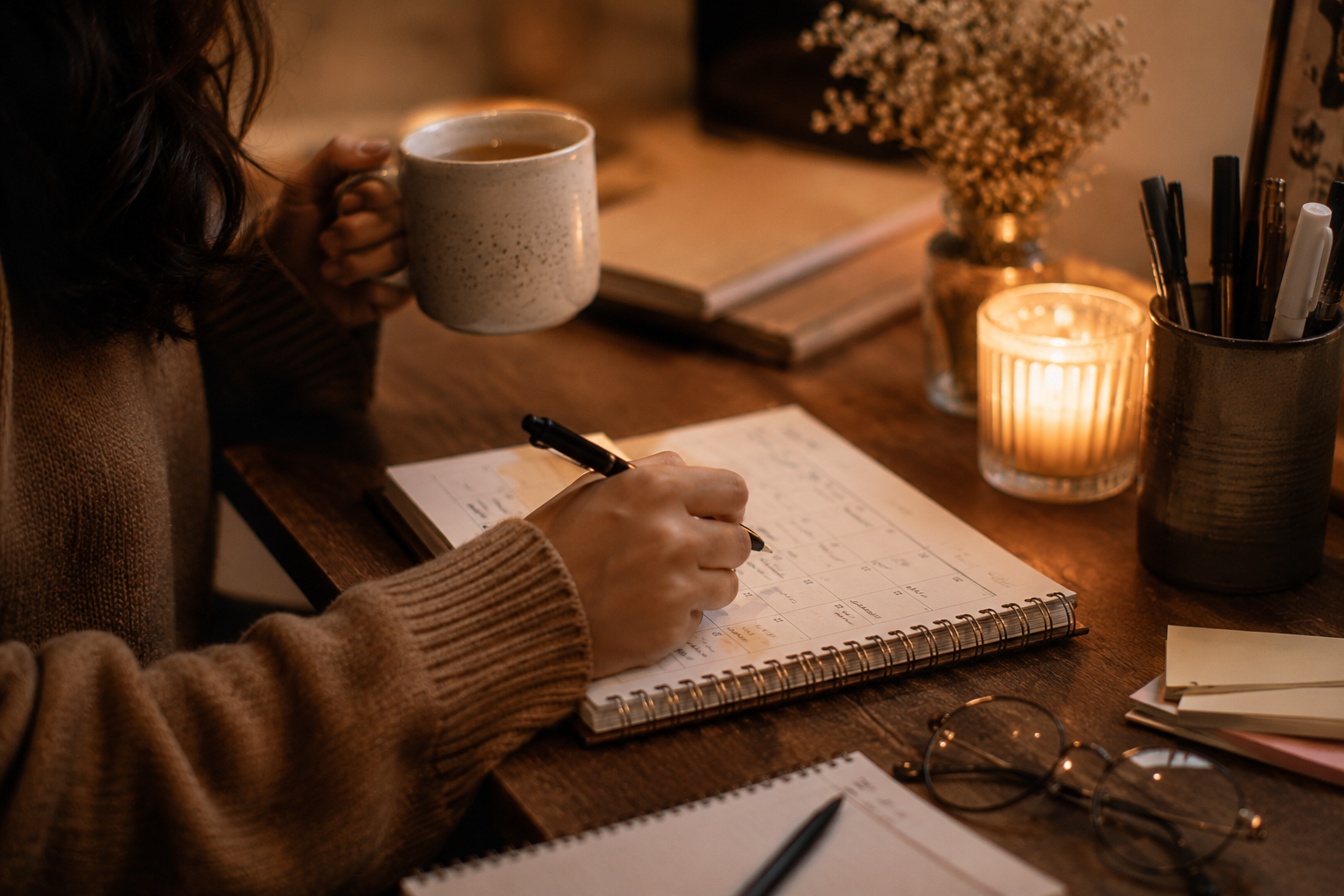 A person marking a planner while holding a warm drink at a softly lit desk