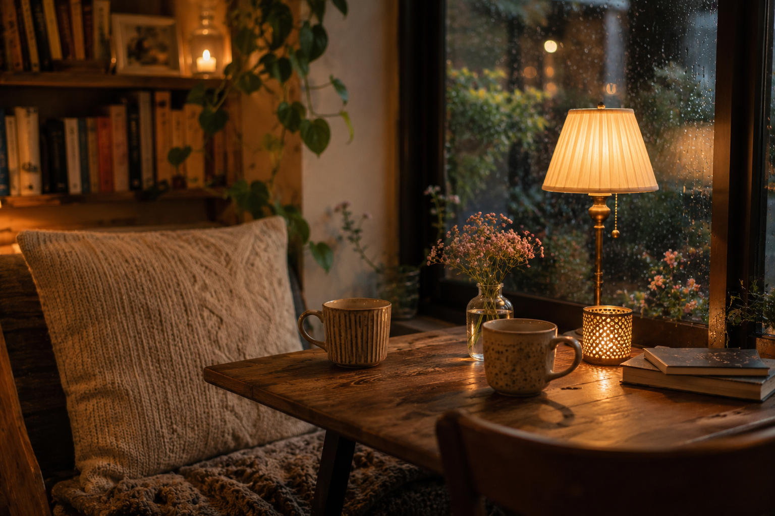 A cosy home cafe corner with a warm lamp, candles, fairy lights and pretty mugs