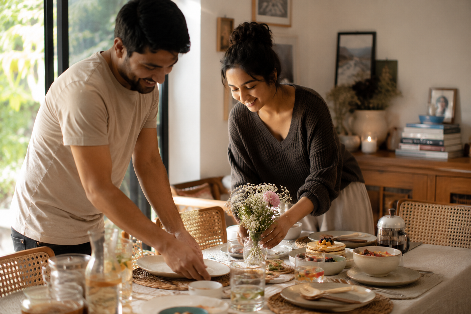 Setting a cosy mood for weekend brunch for two at home