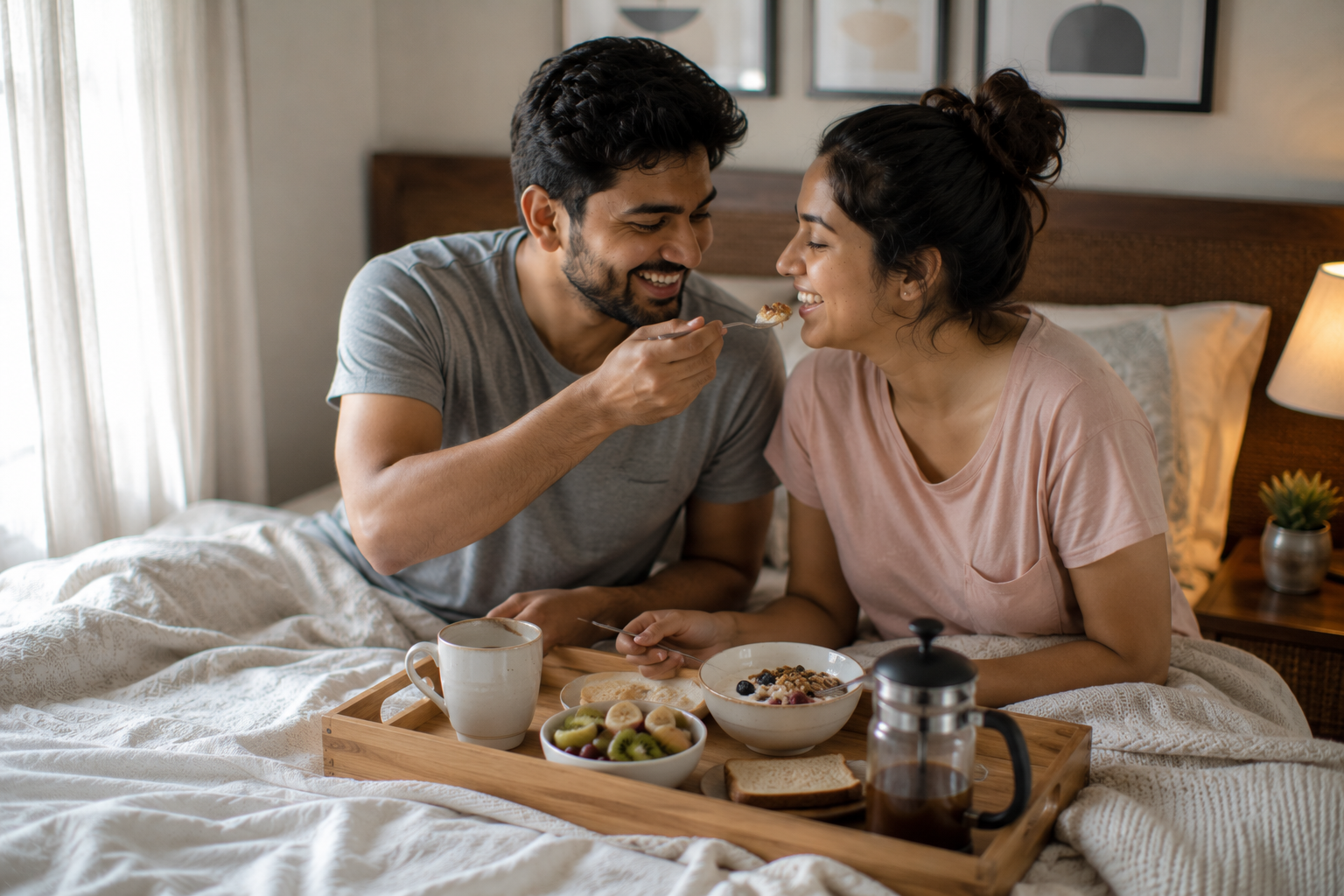 A couple sitting up in bed sharing breakfast from one tray