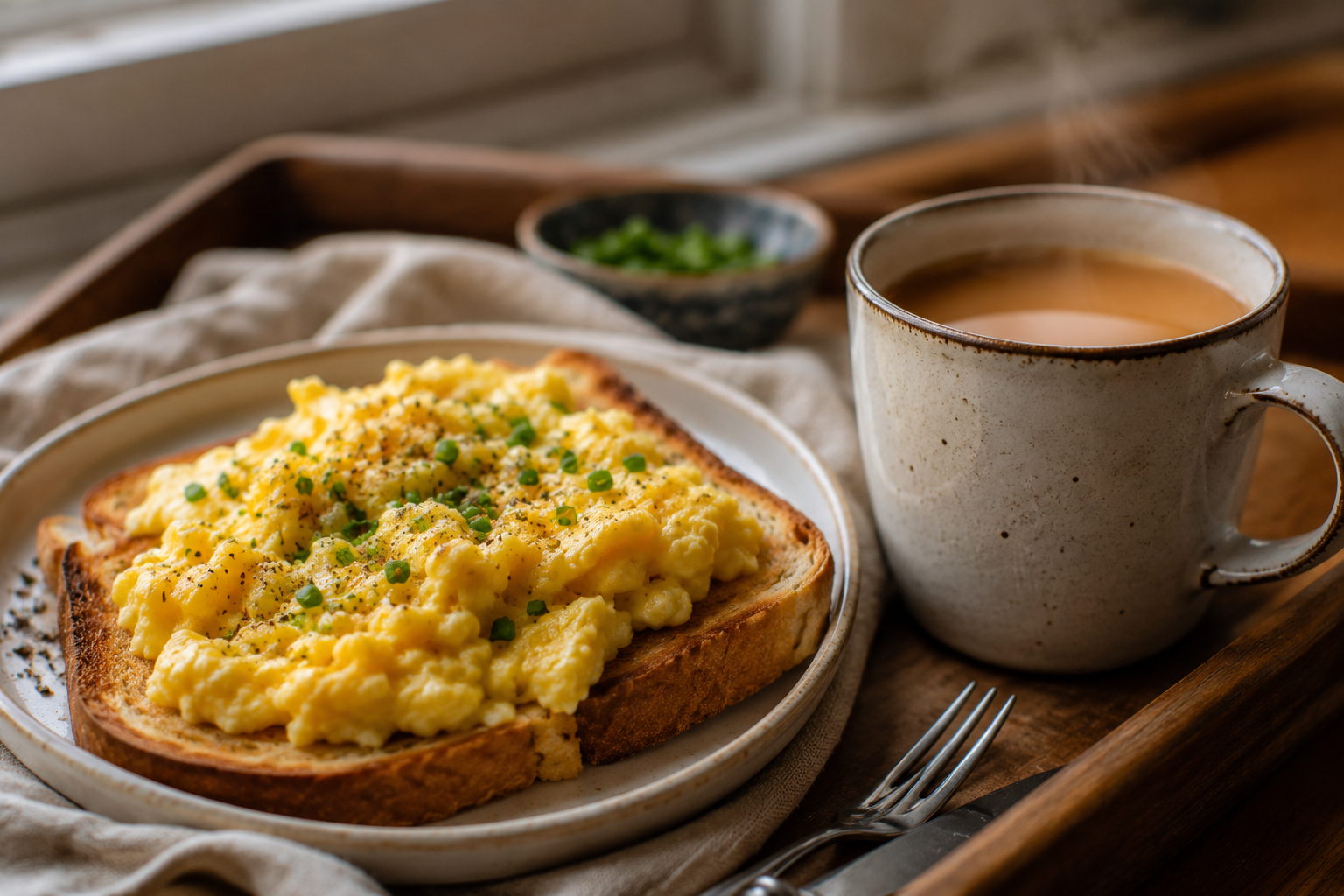 Fluffy scrambled eggs on buttered toast with a warm cup of tea