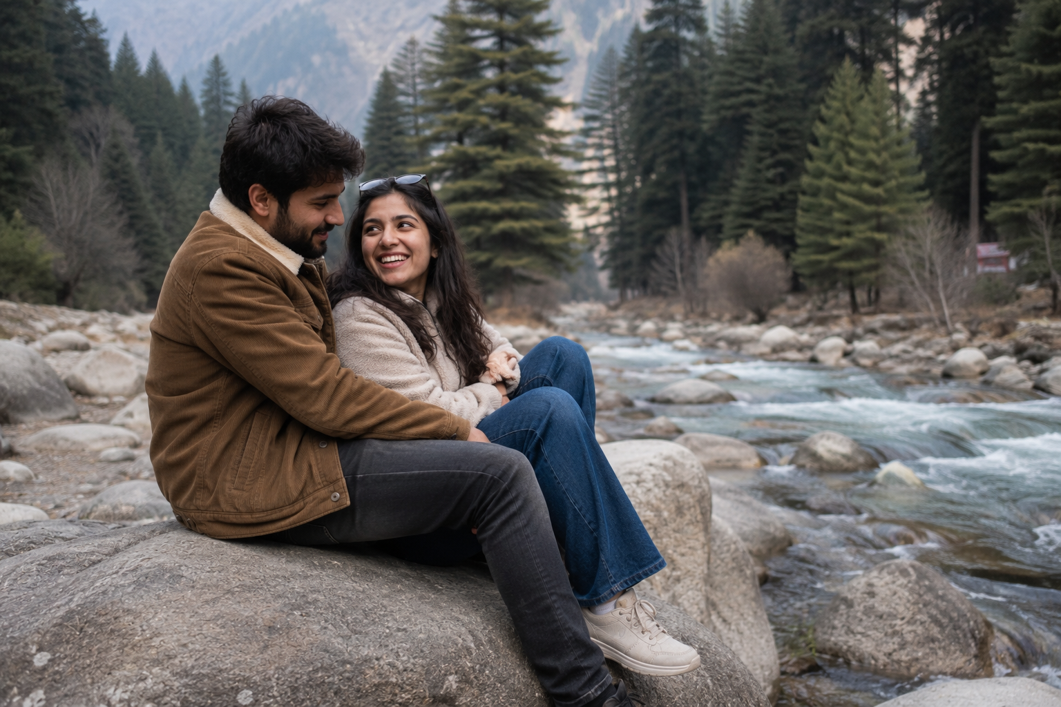A couple sitting together on rocks beside a clear mountain river in Manali