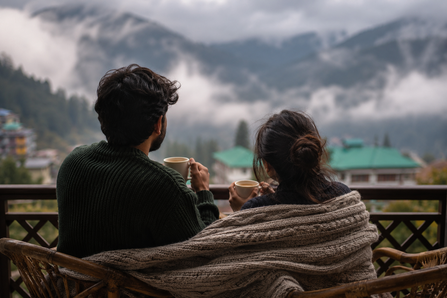 A couple on a balcony with warm chai cups watching misty mountains in the morning