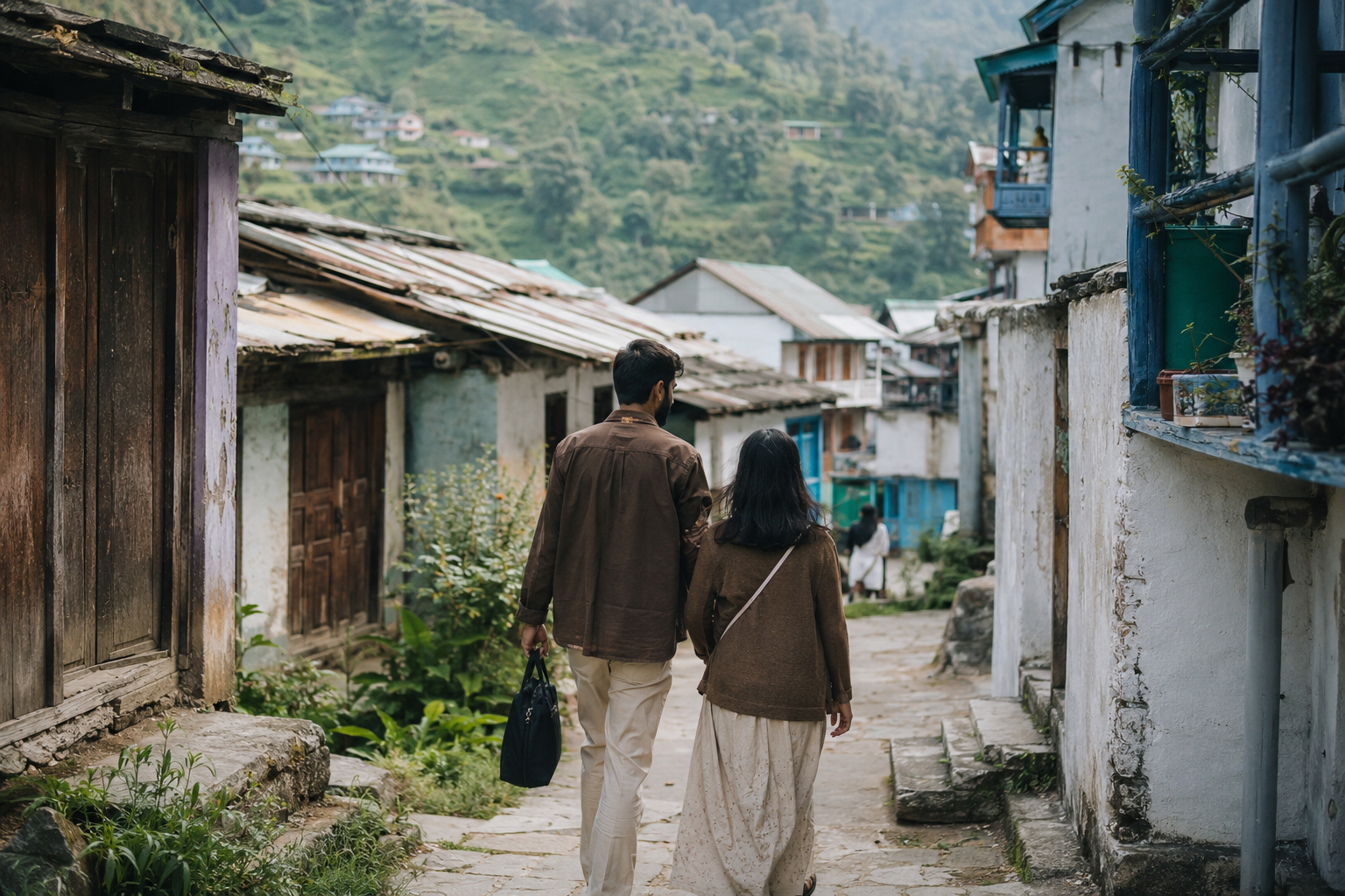 A couple walking through a quiet sleepy hill village lane with old homes and green hills